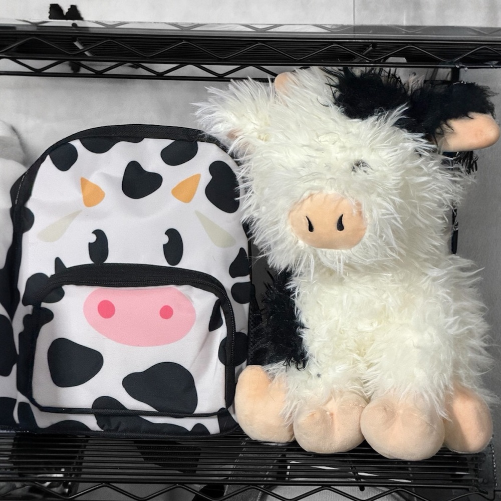 Cow Print Mini Backpack and Plush Cow Set - White and Black